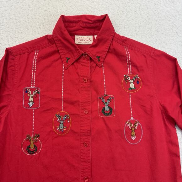 Vintage Christmas Shirt Womens Small S Red Reindeer Button Up Long Sleeve - Picture 3 of 11